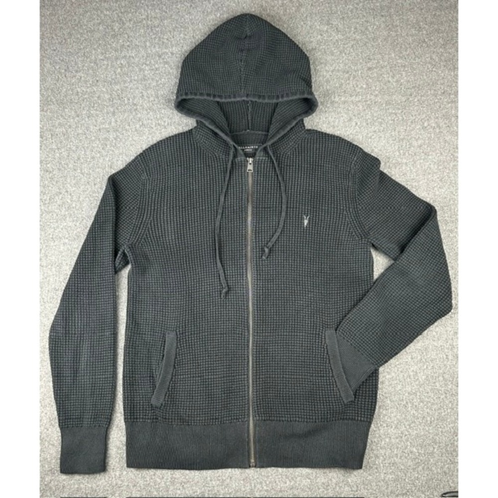 AllSaints Wells Zip Hoody Mens Medium Charcoal Grey Waffle Knit Cotton MK047P